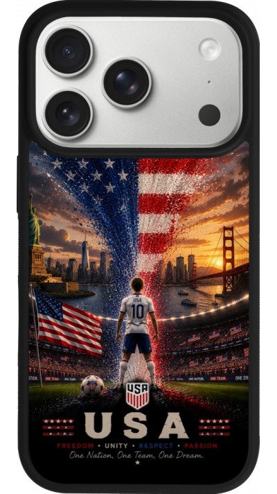 Coque iPhone 17 Pro - Silicone rigide noir Football États-Unis splash 2026