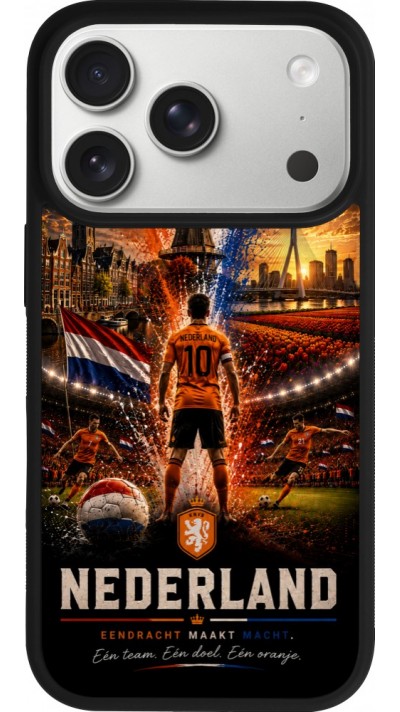 Coque iPhone 17 Pro - Silicone rigide noir Football Pays-Bas splash 2026