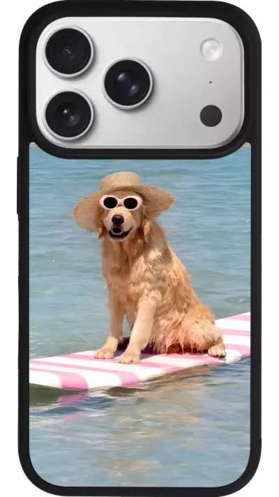 Coque iPhone 17 Pro - Silicone rigide noir Summer Dog on Paddle Coque iPhone 17 Pro - Silicone rigide noir Summer Dog on Paddle