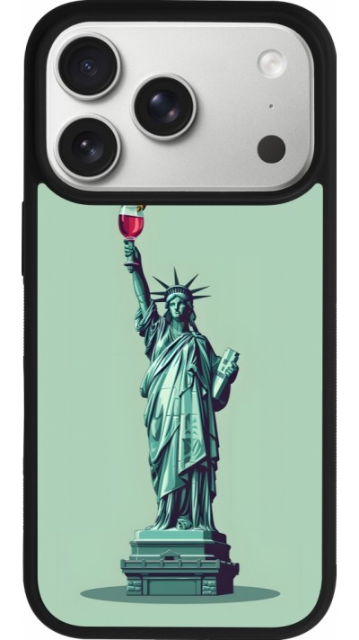 Coque iPhone 17 Pro - Silicone rigide noir Wine Statue de la liberté avec un verre de vin Coque iPhone 17 Pro - Silicone rigide noir Wine Statue de la liberté avec un verre de vin