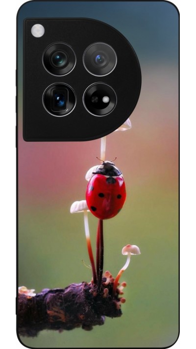 Coque OnePlus 12 - Silicone rigide noir Ladybird on a mushroom Spring 2026