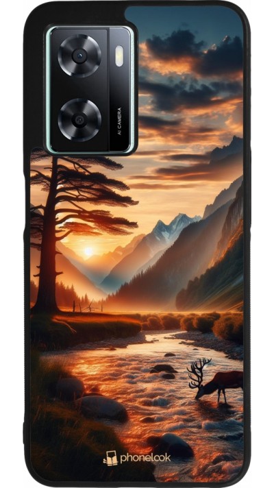 OPPO A57 5G Case Hülle - Silikon schwarz Tal Sonnenuntergang Hirsch Baum