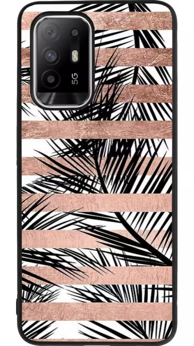 Coque OPPO F19 Pro+ - Silicone rigide noir Palm trees gold stripes