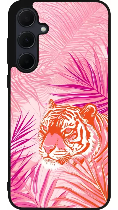 Coque Samsung Galaxy A35 5G - Silicone rigide noir Tigre palmiers roses