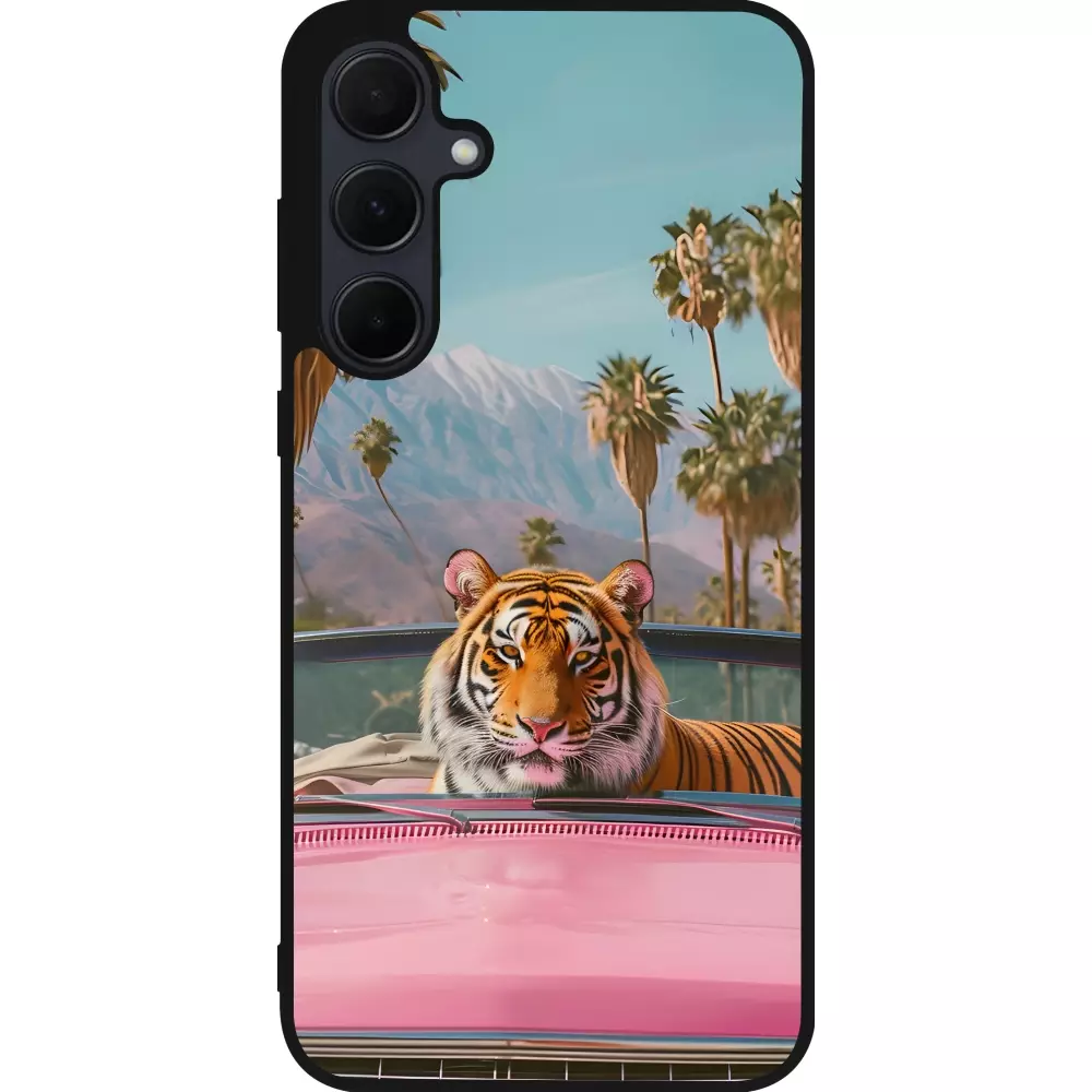 Coque Samsung Galaxy A35 5G - Silicone rigide noir Tigre voiture rose