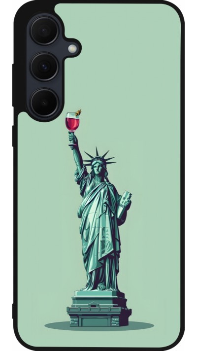 Coque Samsung Galaxy A36 - Silicone rigide noir Wine Statue de la liberté avec un verre de vin