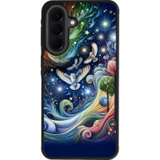 Coque Samsung Galaxy A37 - Silicone rigide noir hibou volant floral