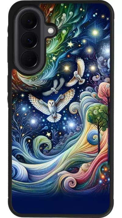 Coque Samsung Galaxy A37 - Silicone rigide noir hibou volant floral