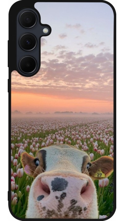 Coque Samsung Galaxy A55 5G - Silicone rigide noir Cow with tulips Spring 2026