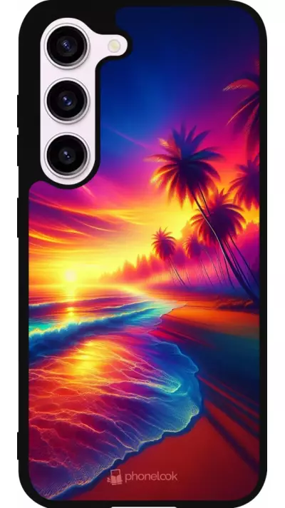 Coque Samsung Galaxy S23 FE - Silicone rigide noir Plage coucher soleil flashy