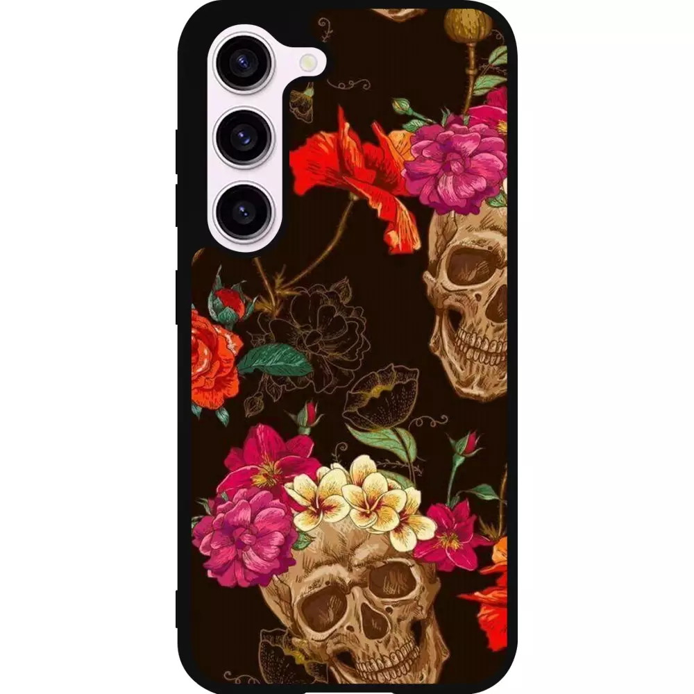 Coque Samsung Galaxy S23 FE - Silicone rigide noir Skulls and flowers