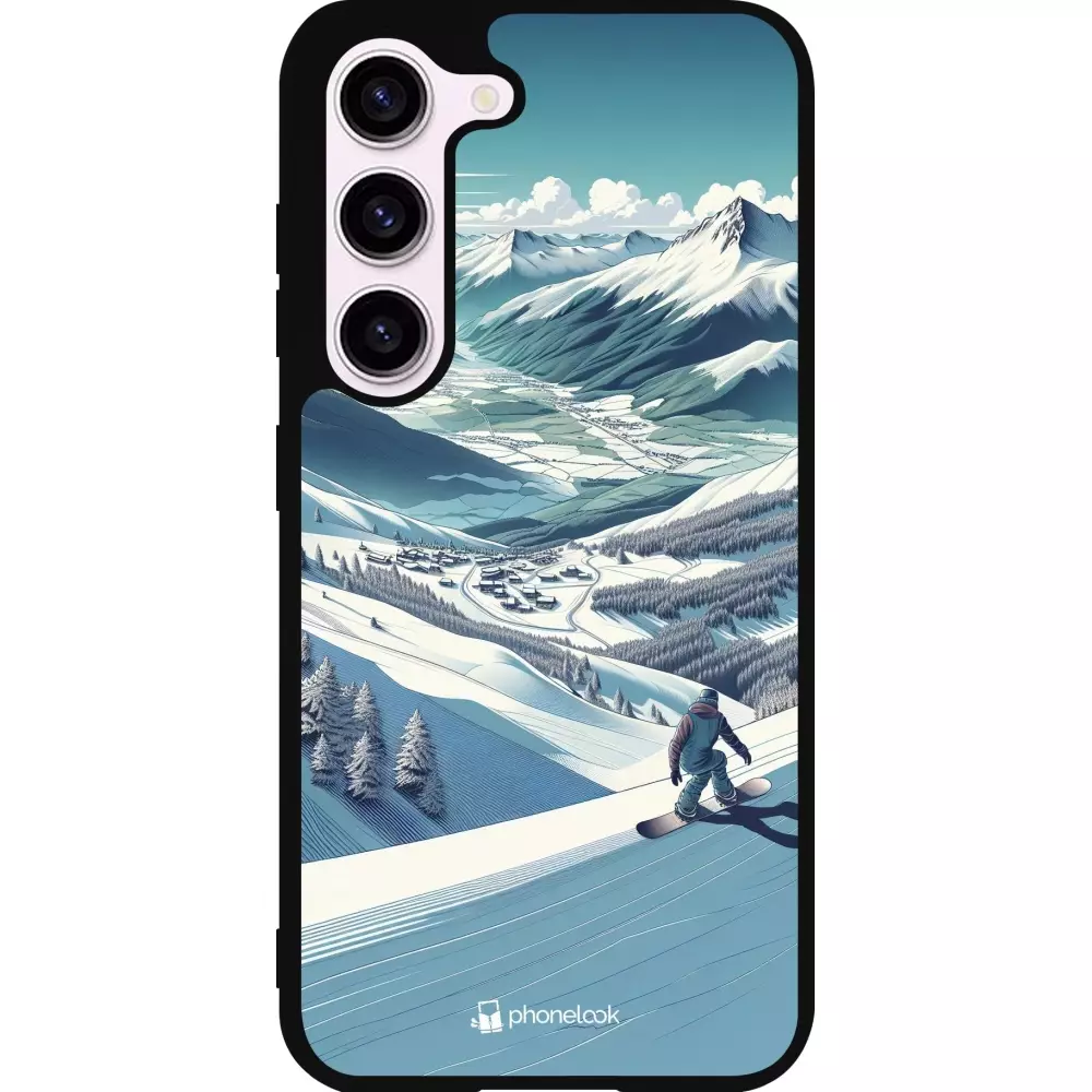 Coque Samsung Galaxy S23 FE - Silicone rigide noir Snowboarder Montagne