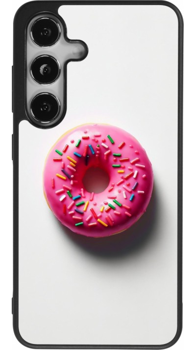 Coque Samsung Galaxy S25 - Silicone rigide noir Weißer Hintergrund, pinker Donut