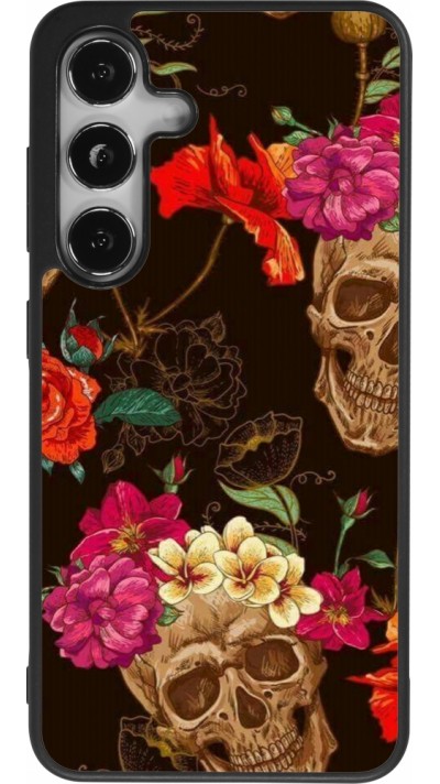 Samsung Galaxy S25 Case Hülle - Silikon schwarz Skulls and flowers
