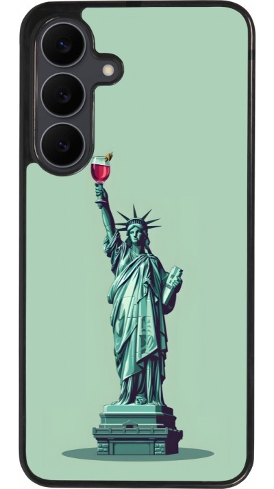 Coque Samsung Galaxy S25 FE - Silicone rigide noir Wine Statue de la liberté avec un verre de vin