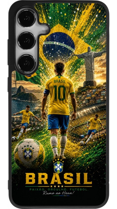 Coque Samsung Galaxy S25+ - Silicone rigide noir Football Brésil splash 2026