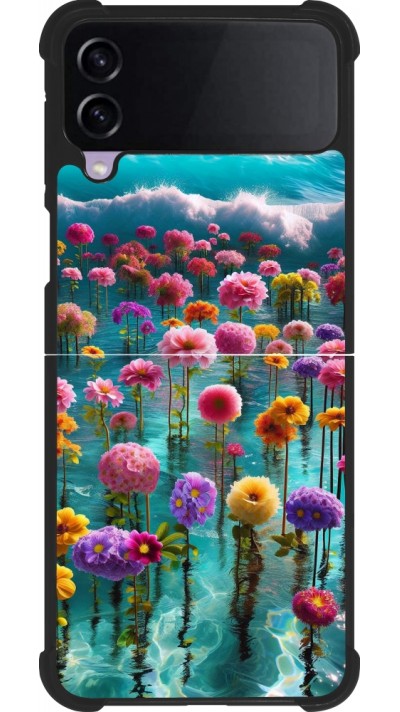 Coque Samsung Galaxy Z Flip3 5G - Silicone rigide noir Flower sea waves