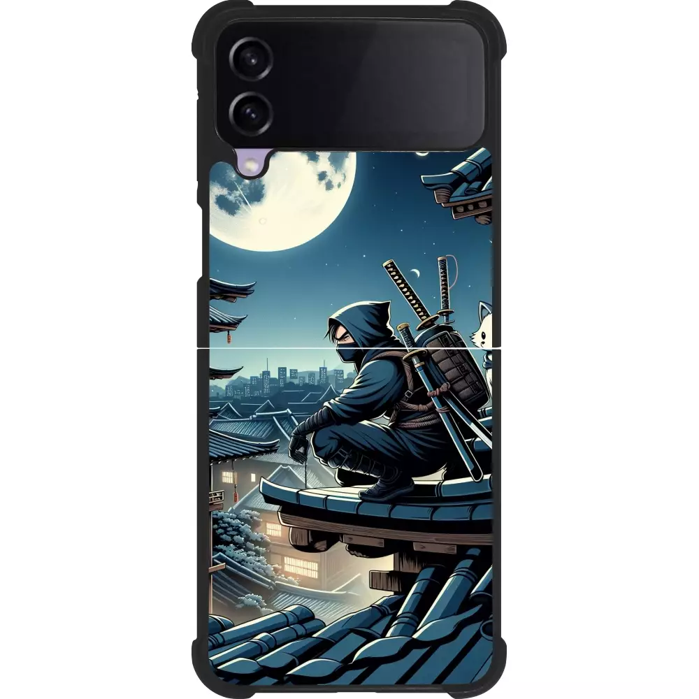 Coque Samsung Galaxy Z Flip4 - Silicone rigide noir Ninja sous la lune