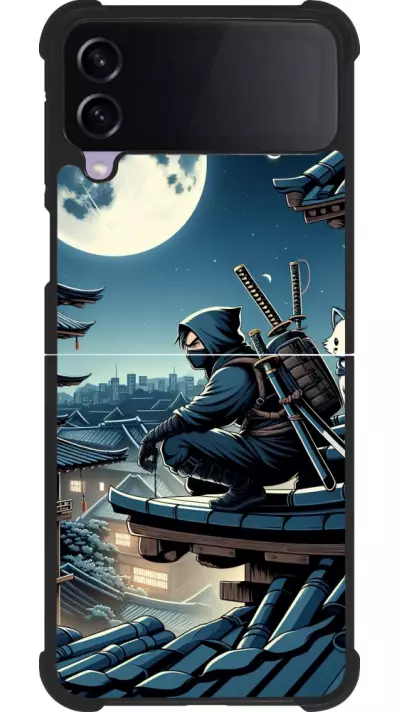Coque Samsung Galaxy Z Flip4 - Silicone rigide noir Ninja sous la lune