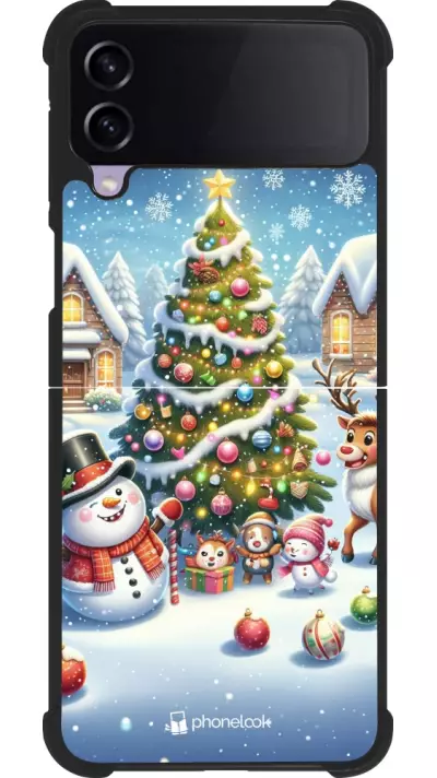 Coque Samsung Galaxy Z Flip4 - Silicone rigide noir Noël 2023 bonhomme de neige et sapin