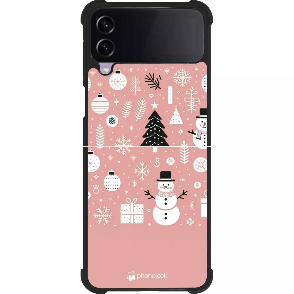 Coque Samsung Galaxy Z Flip4 - Silicone rigide noir Noël 2024 Rose Snowman Christmas