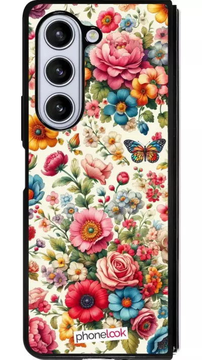Coque Samsung Galaxy Z Fold5 - Silicone rigide noir Spring 25 printemps fleuri