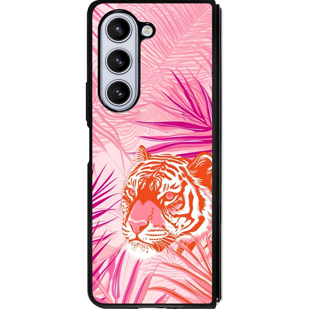 Coque Samsung Galaxy Z Fold5 - Silicone rigide noir Tigre palmiers roses