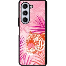 Coque Samsung Galaxy Z Fold5 - Silicone rigide noir Tigre palmiers roses