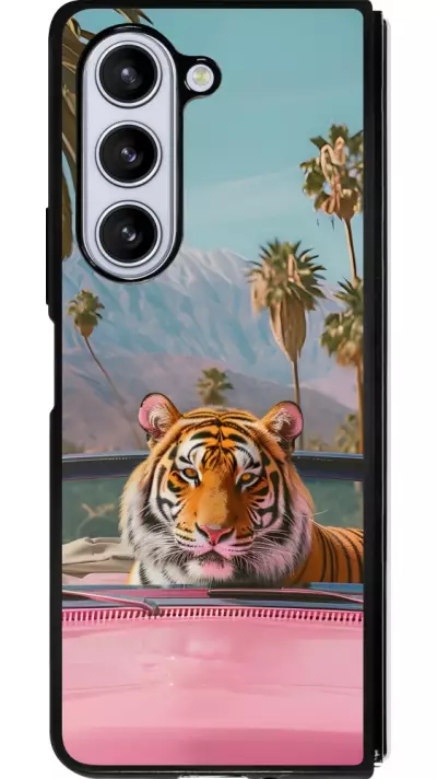 Coque Samsung Galaxy Z Fold5 - Silicone rigide noir Tigre voiture rose