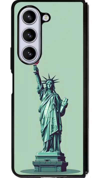 Coque Samsung Galaxy Z Fold5 - Silicone rigide noir Wine Statue de la liberté avec un verre de vin