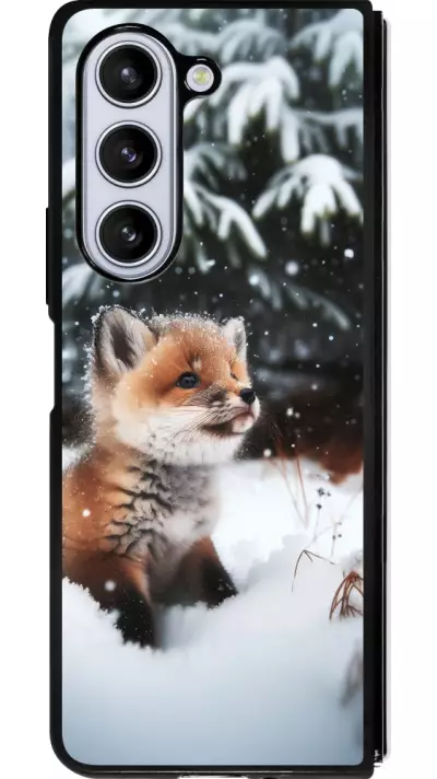 Coque Samsung Galaxy Z Fold5 - Silicone rigide noir Noël 2023 Renardeau sapin