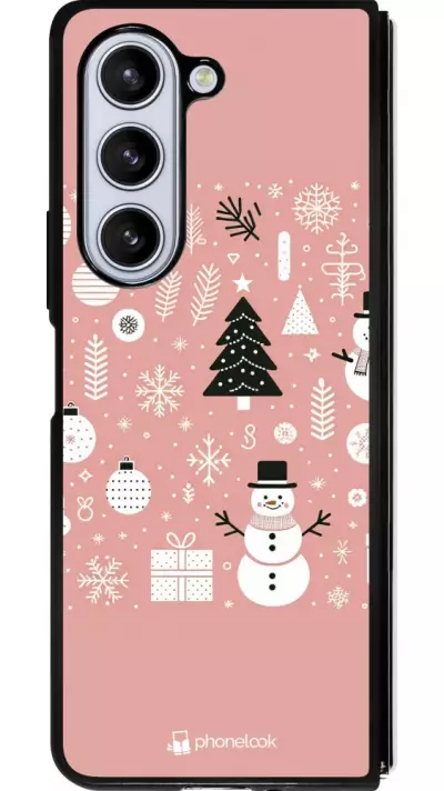 Coque Samsung Galaxy Z Fold5 - Silicone rigide noir Noël 2024 Rose Snowman Christmas