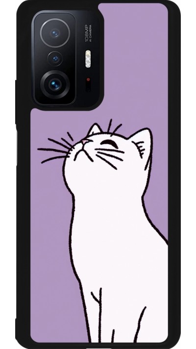 Coque Xiaomi 11T - Silicone rigide noir Chat sur fond violet