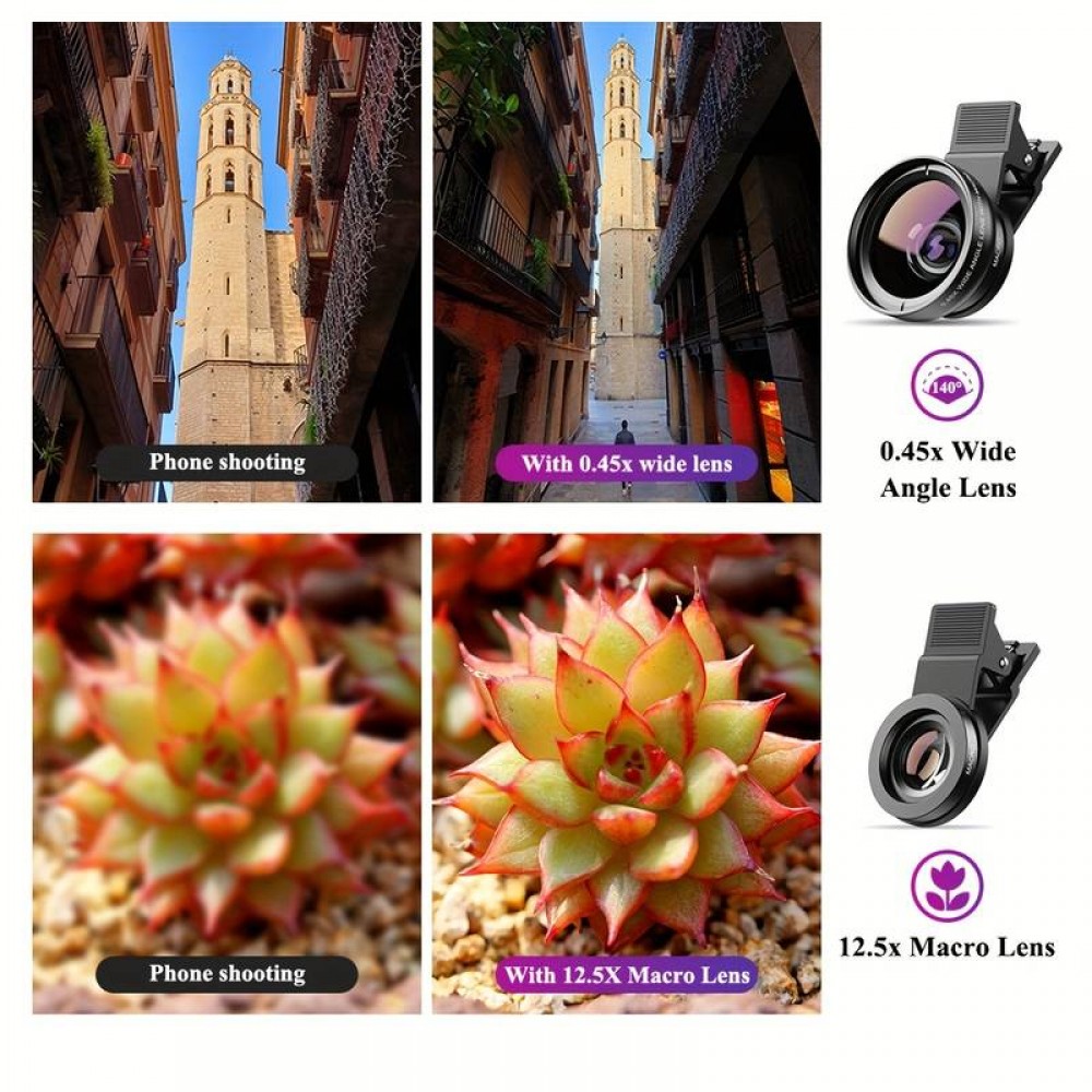 APEXEL Objectif 2 en 1 pour smartphone Ultra Grand Angle 0.45x & Super Macro zoom optique