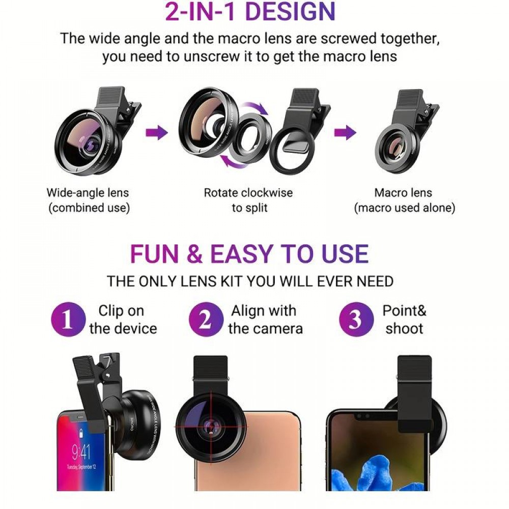APEXEL Objectif 2 en 1 pour smartphone Ultra Grand Angle 0.45x & Super Macro zoom optique