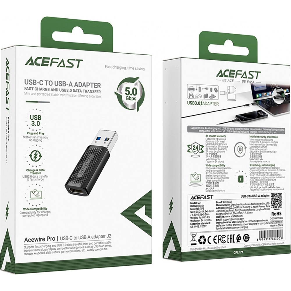 Acefast J2 - Adaptateur USB-C 3.0 (femelle) vers USB-A 3.0 (m&acirc;le) 5Gb/s - Noir