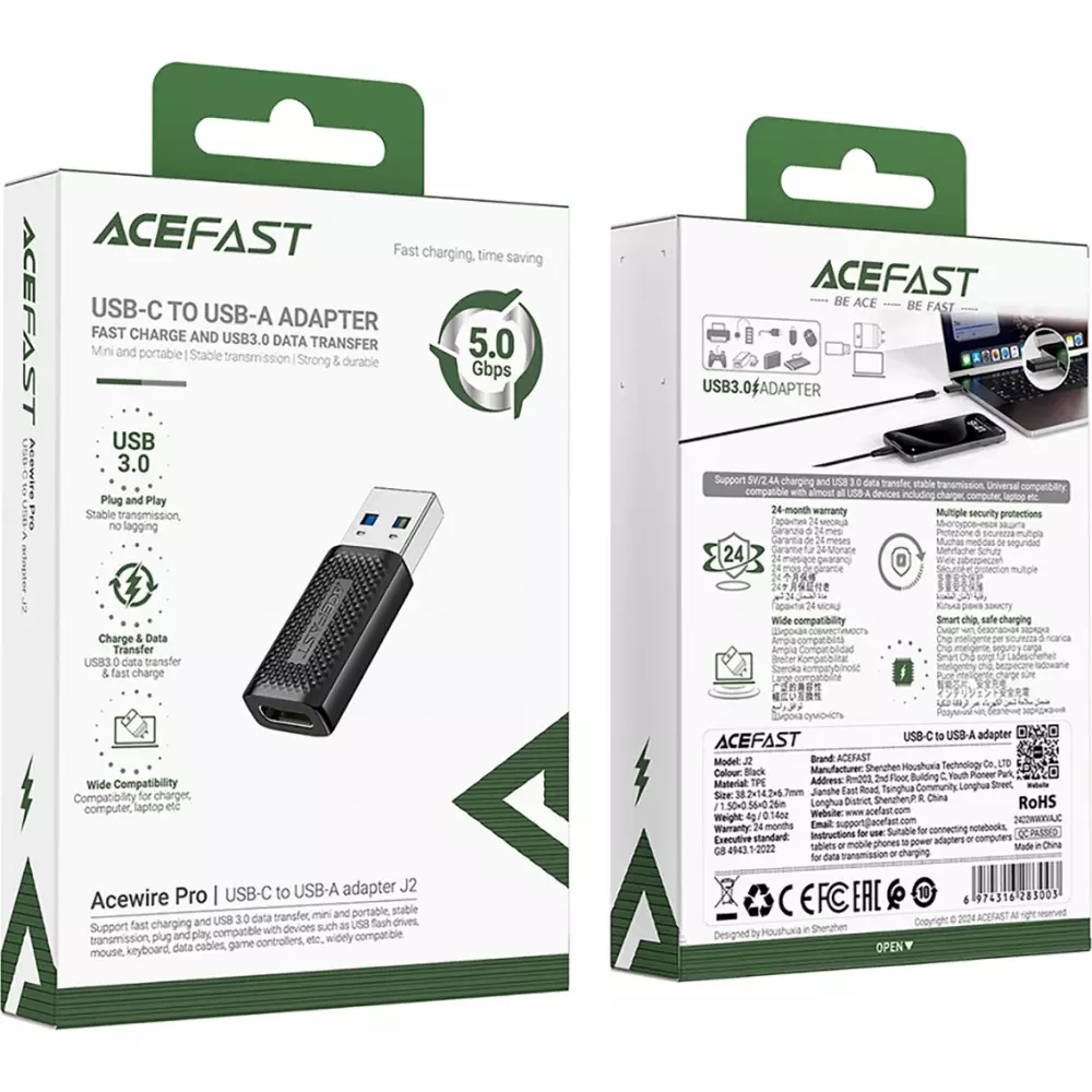 Acefast J2 - Adaptateur USB-C 3.0 (femelle) vers USB-A 3.0 (mâle) 5Gb/s - Noir