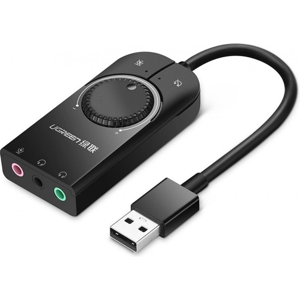 Adaptateur audio externe Ugreen carte son USB jack 3.5 mm avec contr&ocirc;le du volume 15 cm - Noir
