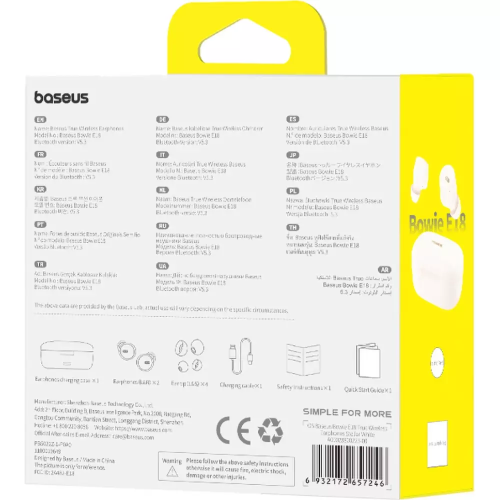 Baseus Bowie E18 Bluetooth 5.3 TWS In-Ear écouteurs IPX4 avec étui de charge - Blanc