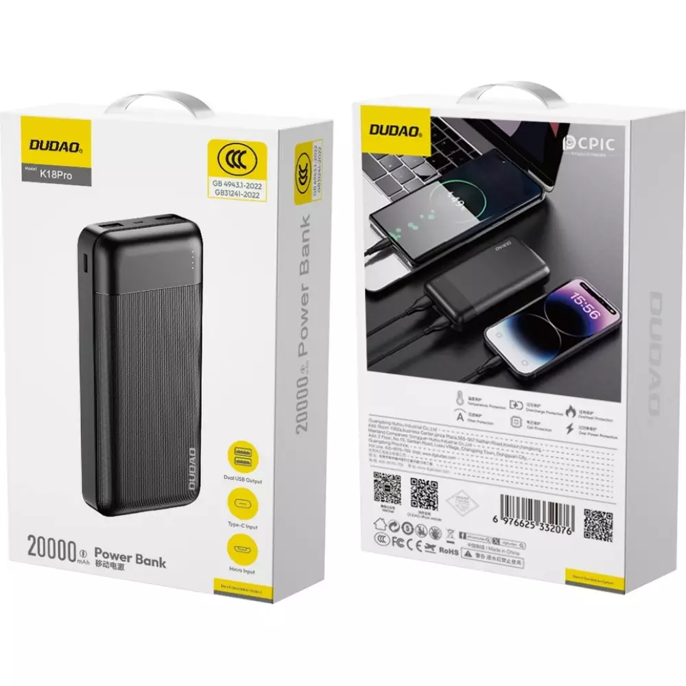 Batterie Externe Power Bank Dudao K18 Pro 20000mAh USB-A / USB-C / Micro USB Portable charge rapide - Noir