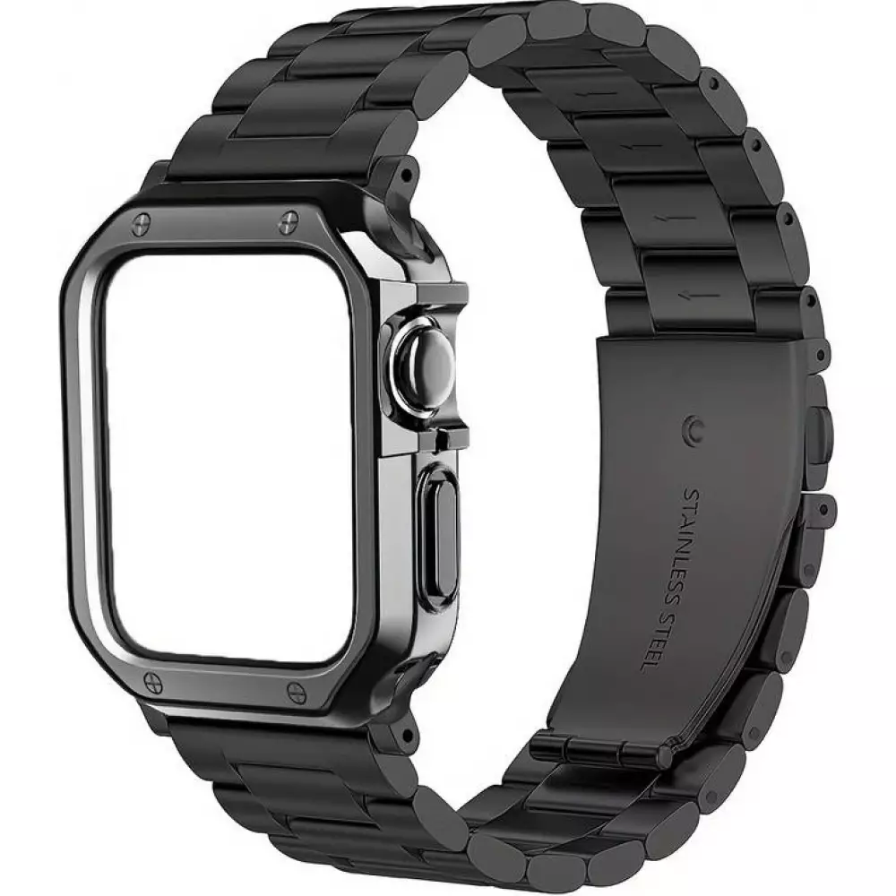 Bracelet en métal raffiné avec coque de protection en silicone TPU intégrée pour Apple Watch 49mm - Noir