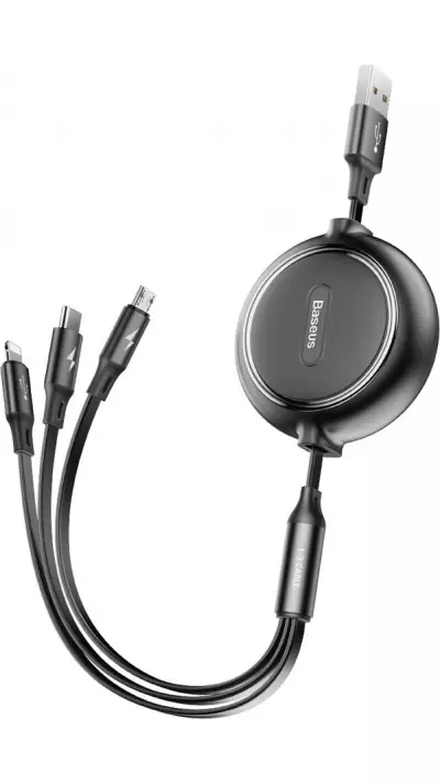 Câble Extensible 3 en 1 Baseus Golden Loop USB - Micro USB / Lightning / USB-C (3.5A) 35cm - 120cm (CAMLT-JH01) - Noir