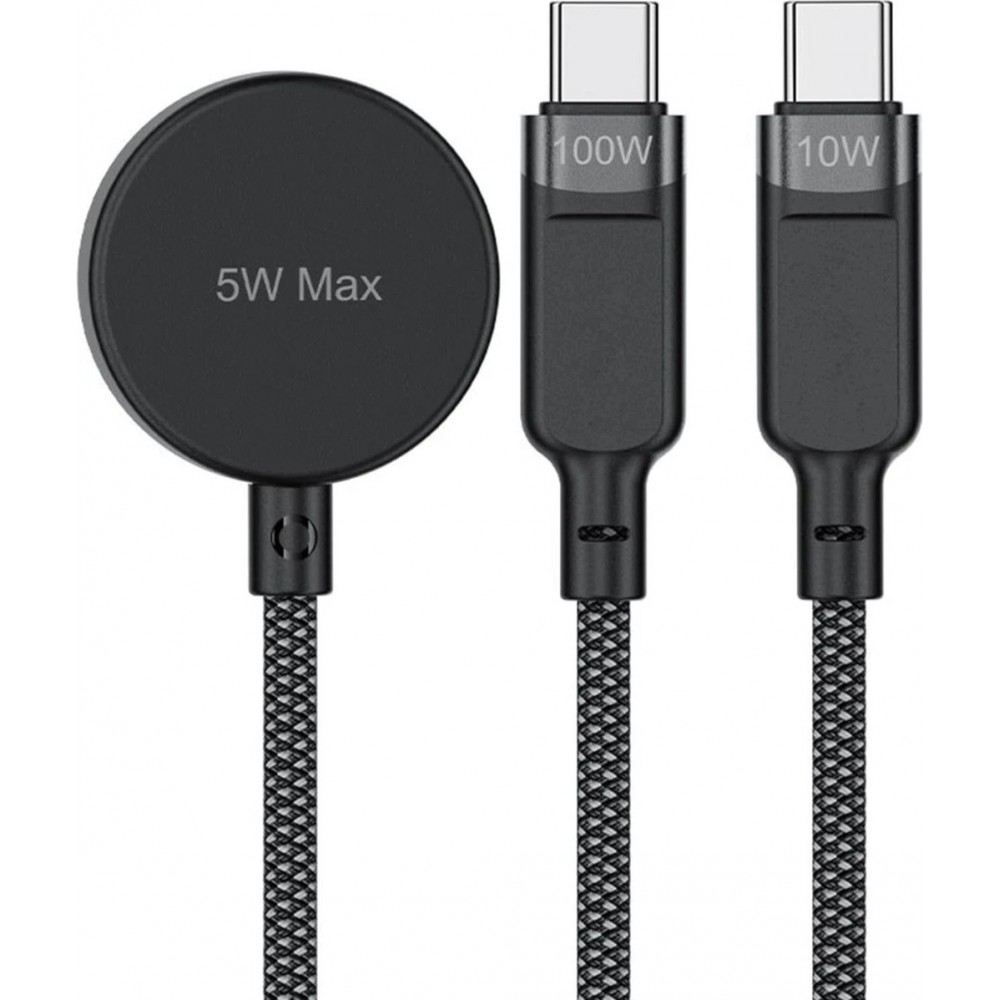 Acefast C6-11 3-in-1 USB-C Kabel 100W (2x USB-C / 1x Apple Watch) 480Mb/s (1,2 m) - Schwarz