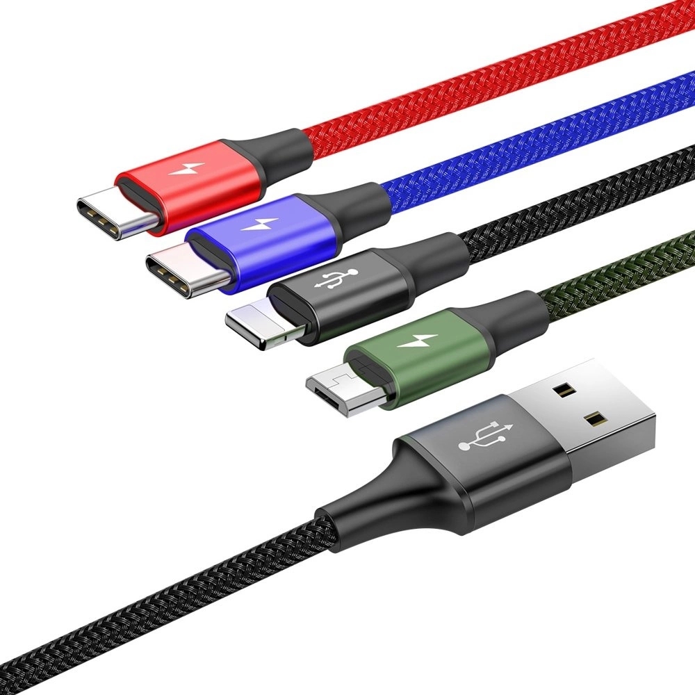 USB-Kabel 4 in 1 (1x Lightning, 2x USB-C, 1x Micro USB) geflochten Nylon 3.5A (1.2 m) - Schwarz