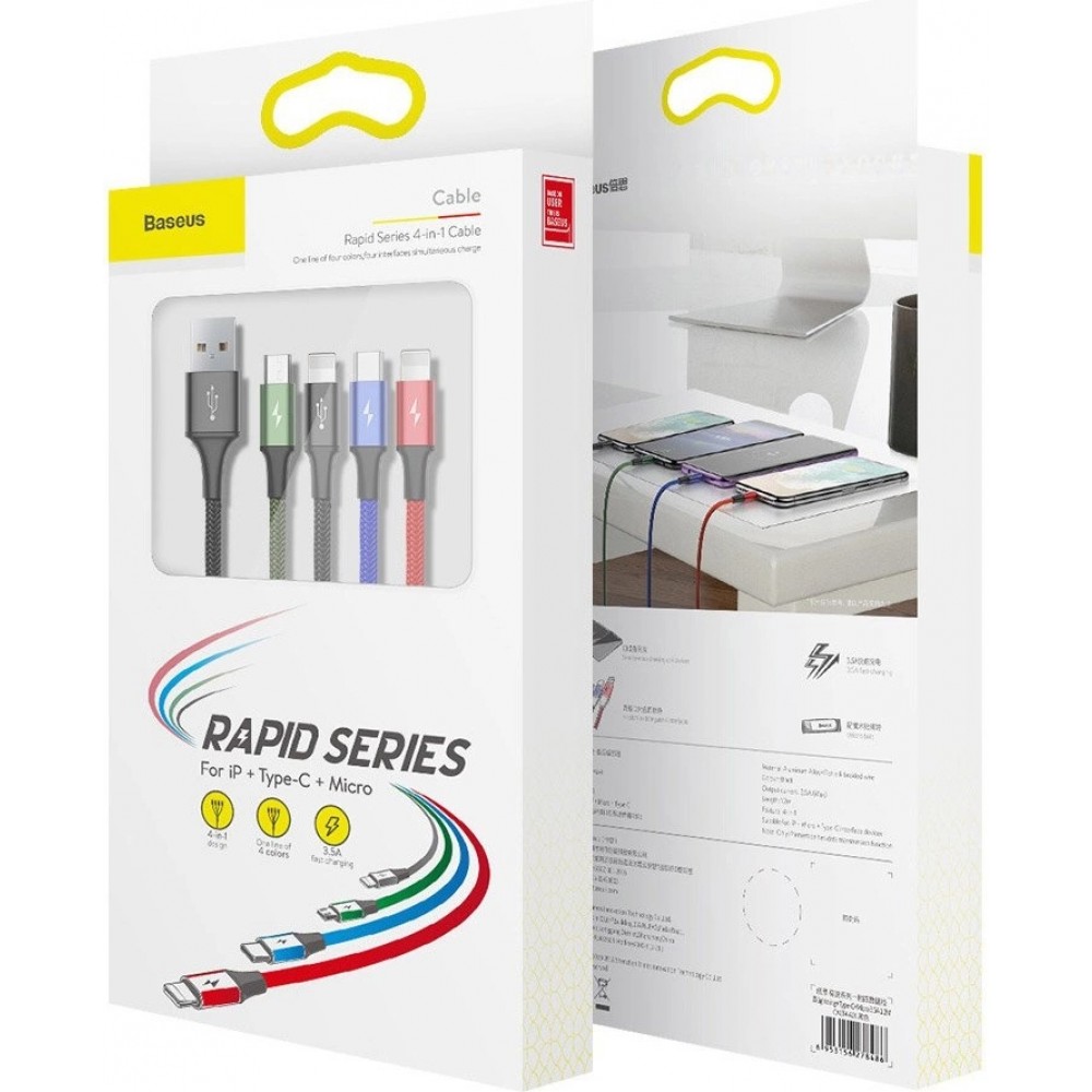 USB-Kabel 4 in 1 (1x Lightning, 2x USB-C, 1x Micro USB) geflochten Nylon 3.5A (1.2 m) - Schwarz