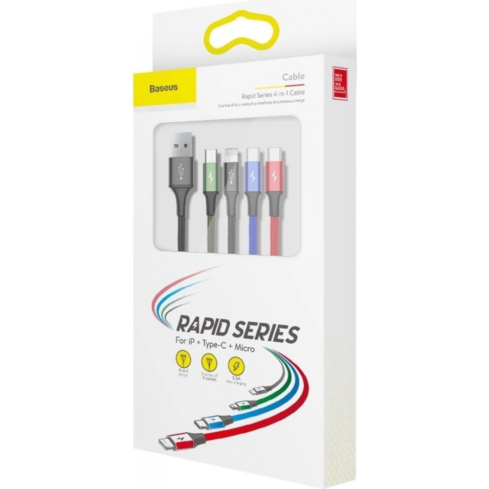 USB-Kabel 4 in 1 (1x Lightning, 2x USB-C, 1x Micro USB) geflochten Nylon 3.5A (1.2 m) - Schwarz