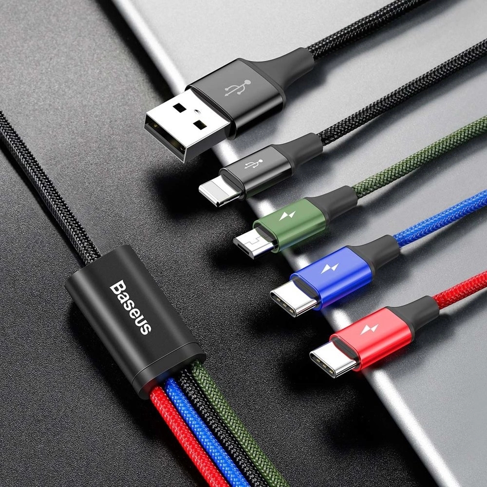 USB-Kabel 4 in 1 (1x Lightning, 2x USB-C, 1x Micro USB) geflochten Nylon 3.5A (1.2 m) - Schwarz