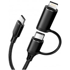 Ladekabel 2 in 1 (USB-C auf USB-C + Lightning) für iPhone 15 und vorherige Modelle - Schwarz
