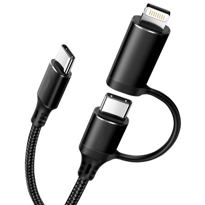 Câble de charge 2 en 1 (USB-C vers USB-C + Lightning) pour iPhone 15 et modèles précédents - Noir