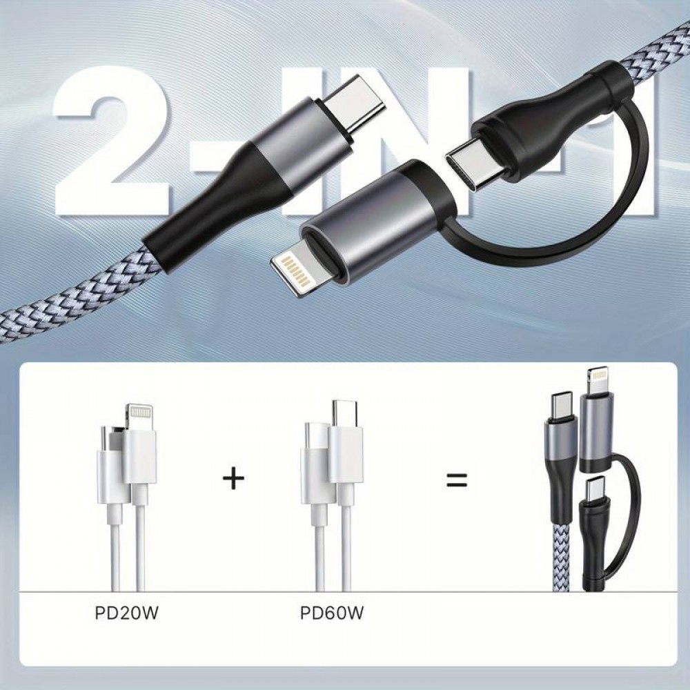 Ladekabel 2 in 1 (USB-C auf USB-C + Lightning) für iPhone 15 und vorherige Modelle - Schwarz